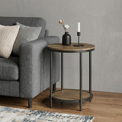 24" Gray and Black Solid Wood and Iron Round End Table With Shelf HomeRoots
