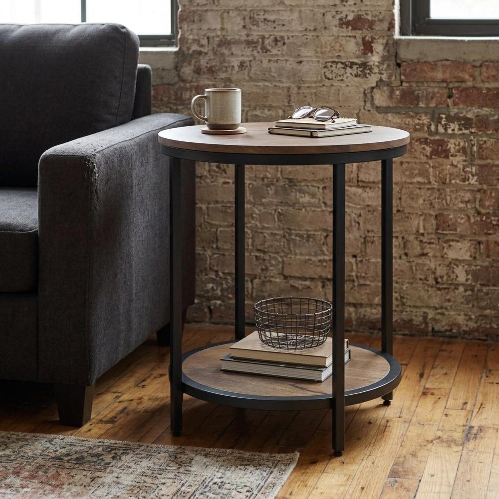 24" Gray And Black Solid Wood And Iron Round End Table With Shelf — view 6