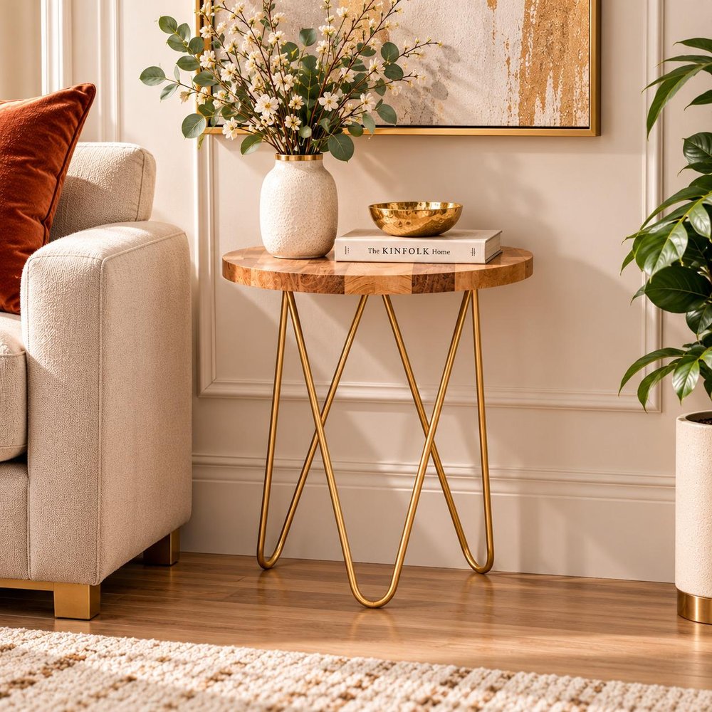 21" Natural and Gold Solid Wood and Iron Free Form End Table — view 6