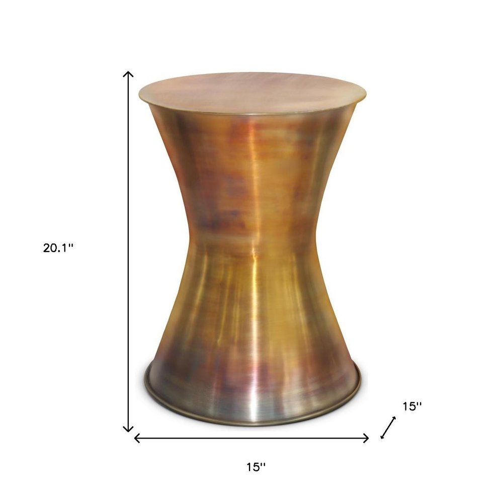 20" Antiqued Brass Distressed Iron Round Drum End Table HomeRoots