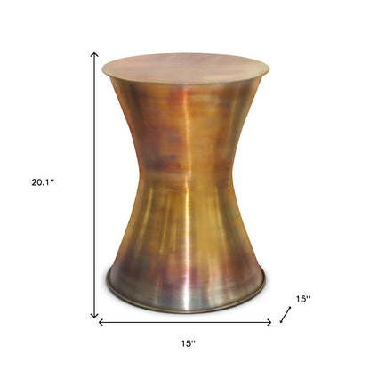 20" Antiqued Brass Distressed Iron Round Drum End Table HomeRoots
