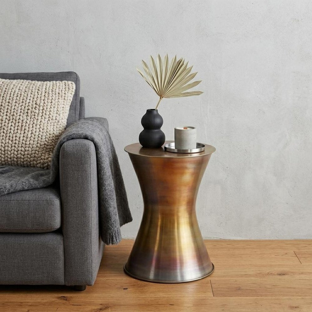 20" Antiqued Brass Distressed Iron Round Drum End Table HomeRoots