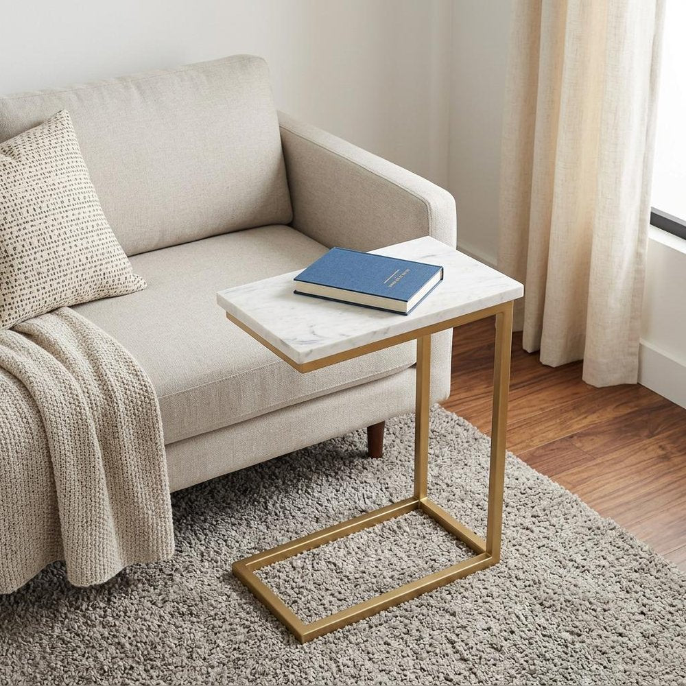 24" White And Gold Marble And Iron End Table
