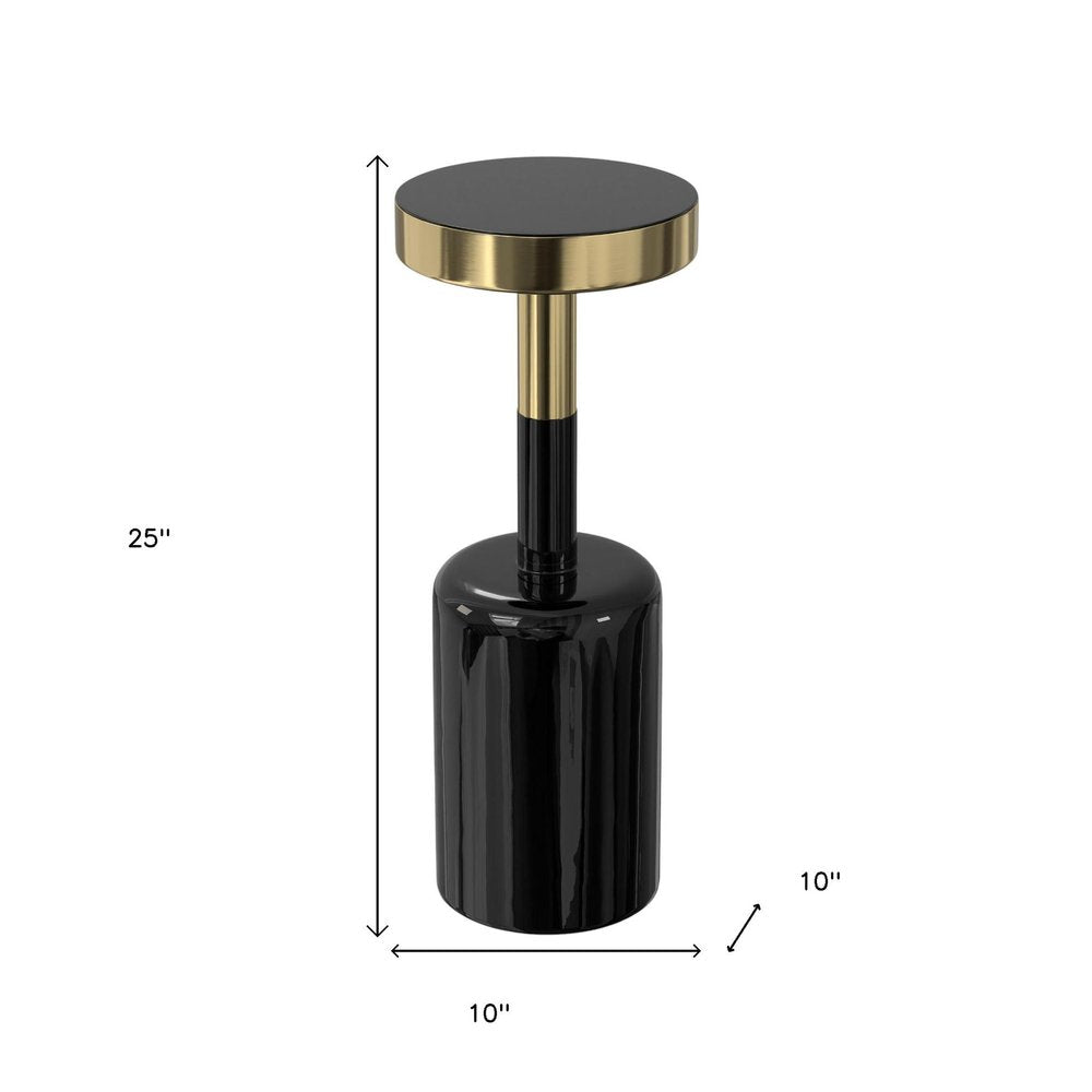 25" Powder Coated Black and Gold Tempered Glass and Iron Round Pedestal End Table HomeRoots