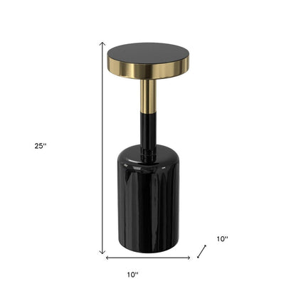 25" Powder Coated Black and Gold Tempered Glass and Iron Round Pedestal End Table HomeRoots