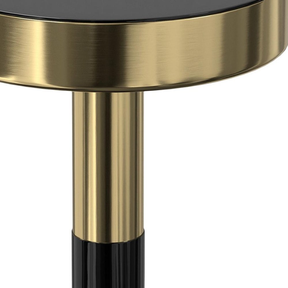 25" Powder Coated Black and Gold Tempered Glass and Iron Round Pedestal End Table — view 4