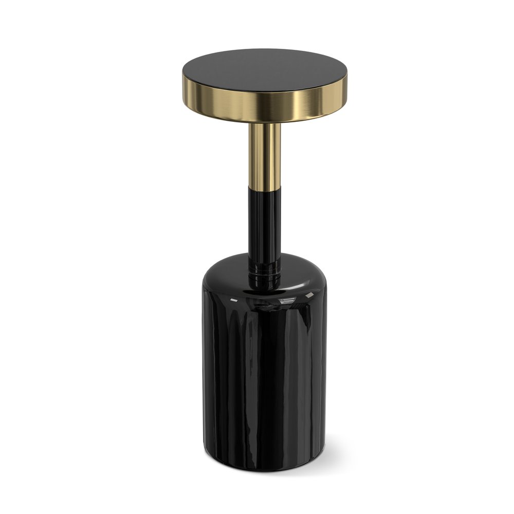 25" Powder Coated Black and Gold Tempered Glass and Iron Round Pedestal End Table — view 3
