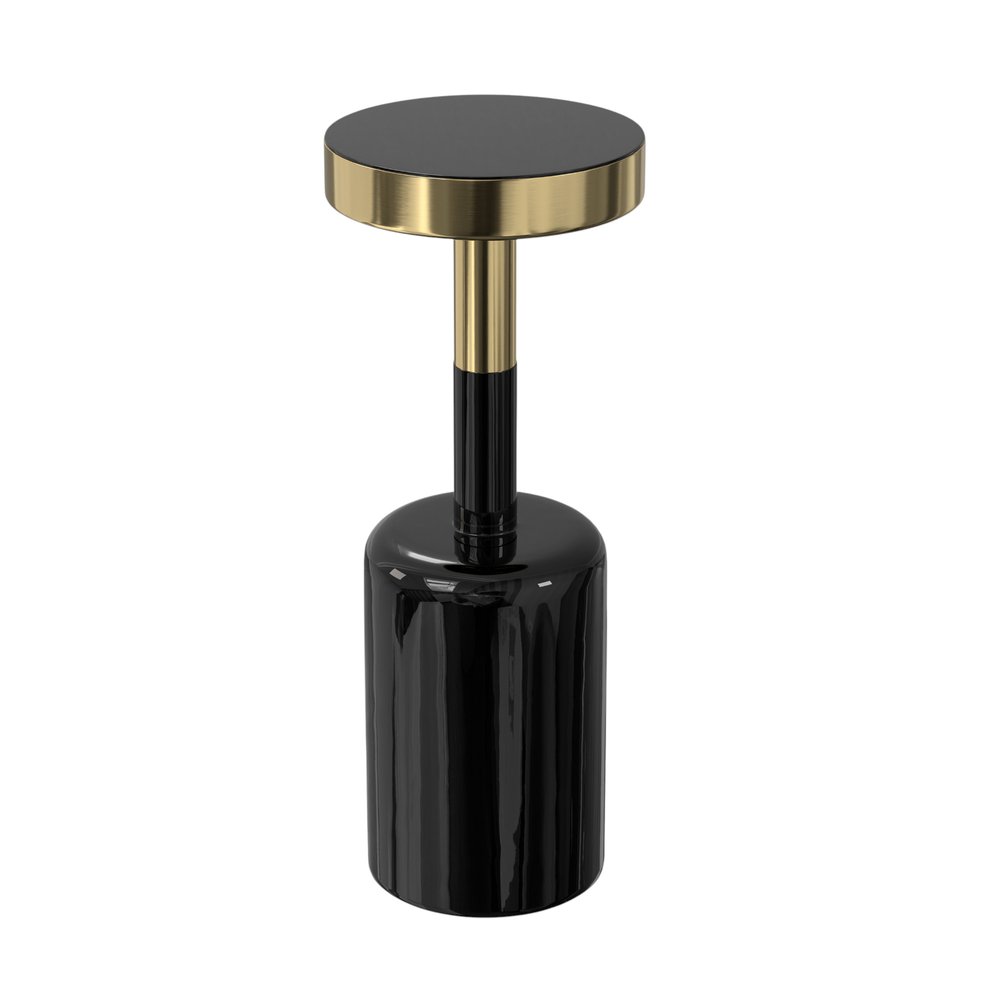 25" Powder Coated Black and Gold Tempered Glass and Iron Round Pedestal End Table — view 2