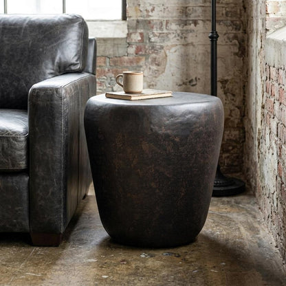 22" Antiqued Bronze Distressed Iron Round Drum End Table