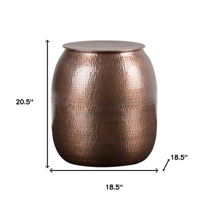 21" Copper Distressed Iron Round Drum End Table And Trunk Storage