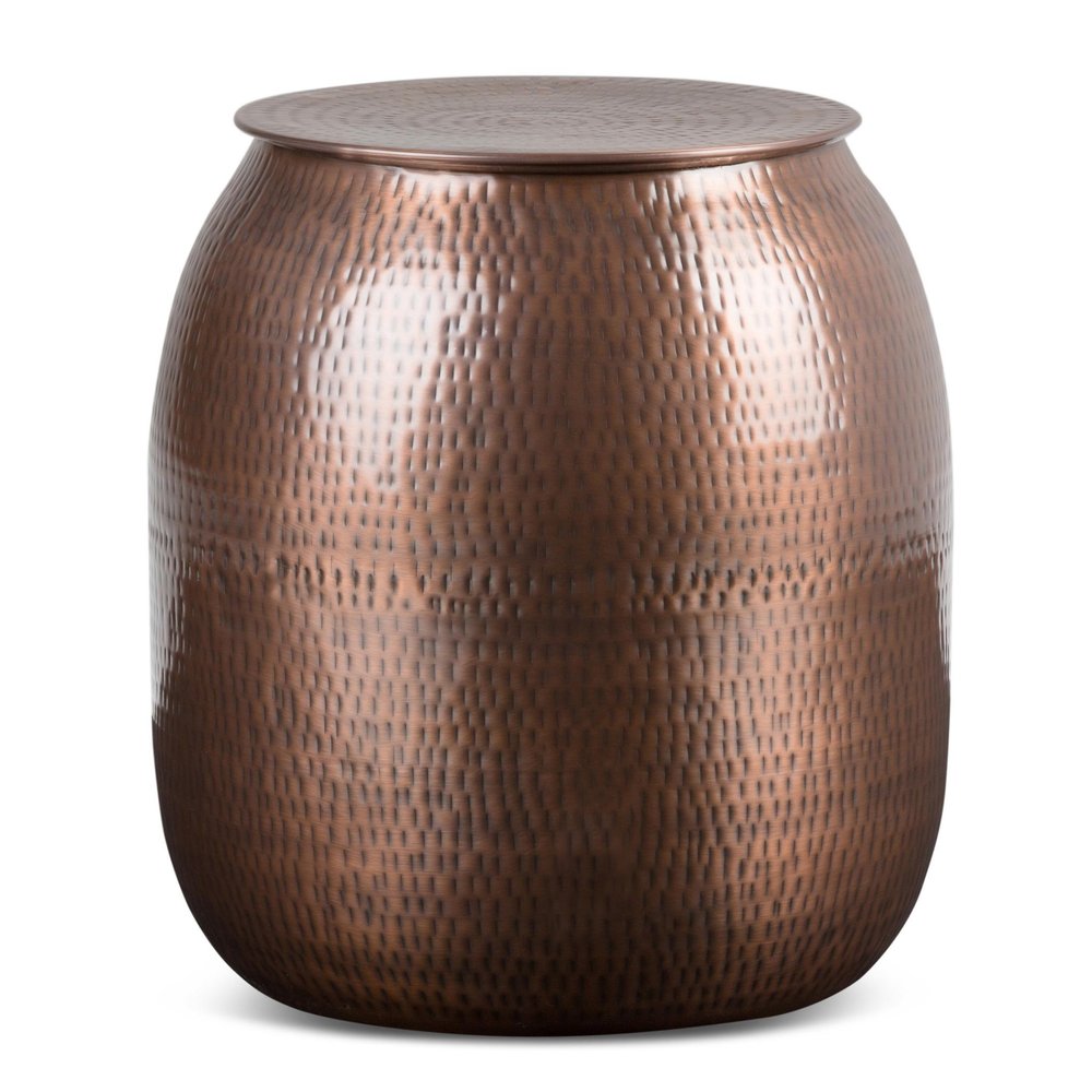 21" Hammered Copper Distressed Iron Round Drum End Table HomeRoots