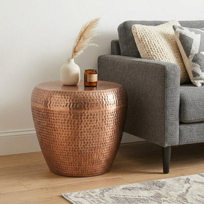 18" Hammered Copper Distressed Iron Round Drum End Table HomeRoots