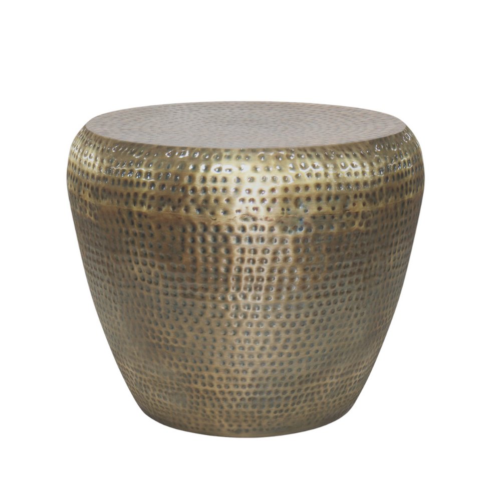 18" Antiqued Gold Distressed Iron Round Drum End Table