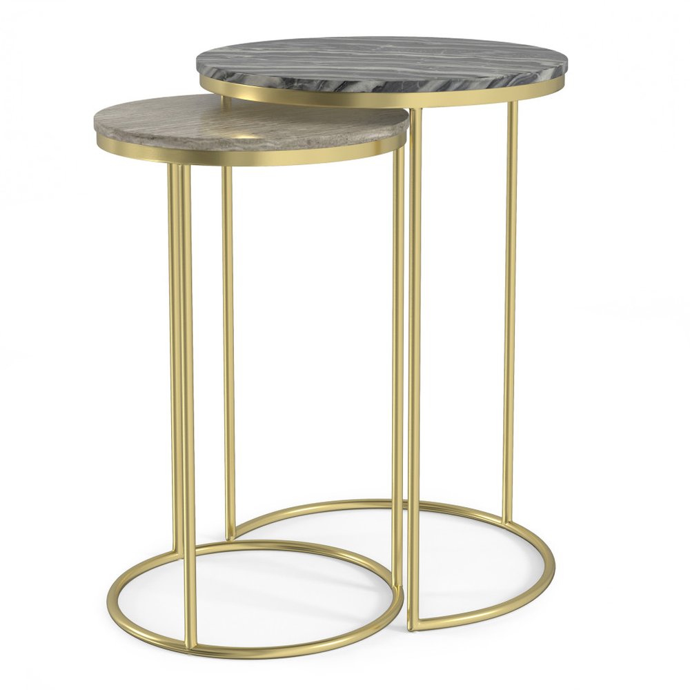 Set of Two Glossy Gray Stone and Gold Marble and Iron Round Nested Tables — view 5