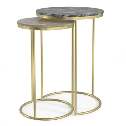 Set of Two Glossy Gray Stone and Gold Marble and Iron Round Nested Tables HomeRoots
