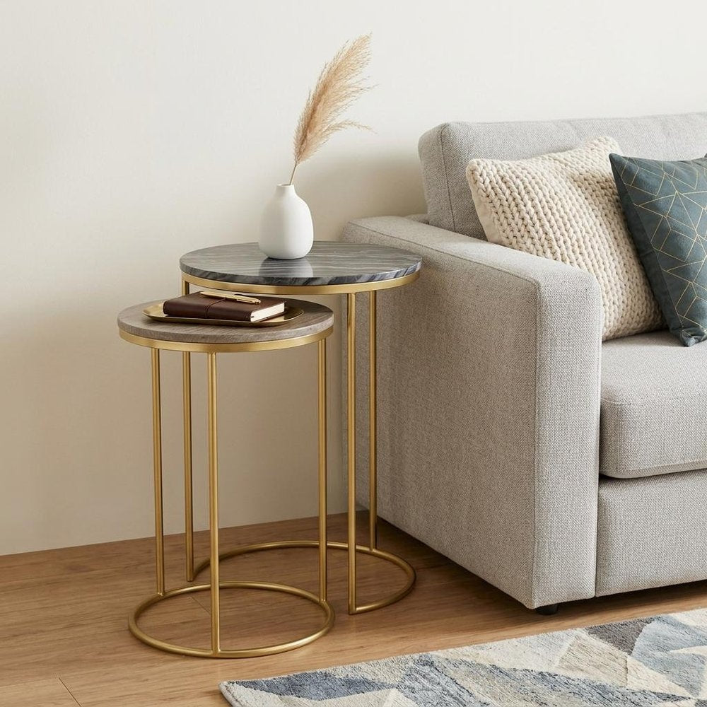 Set of Two Glossy Gray Stone and Gold Marble and Iron Round Nested Tables — view 1