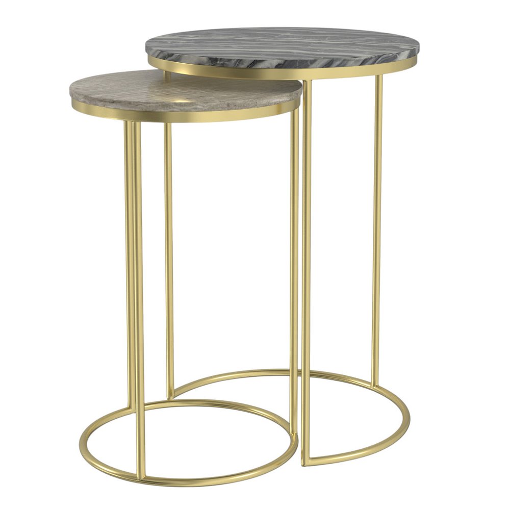 Set of Two Glossy Gray Stone and Gold Marble and Iron Round Nested Tables — view 2