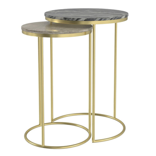 Set of Two Glossy Gray Stone and Gold Marble and Iron Round Nested Tables