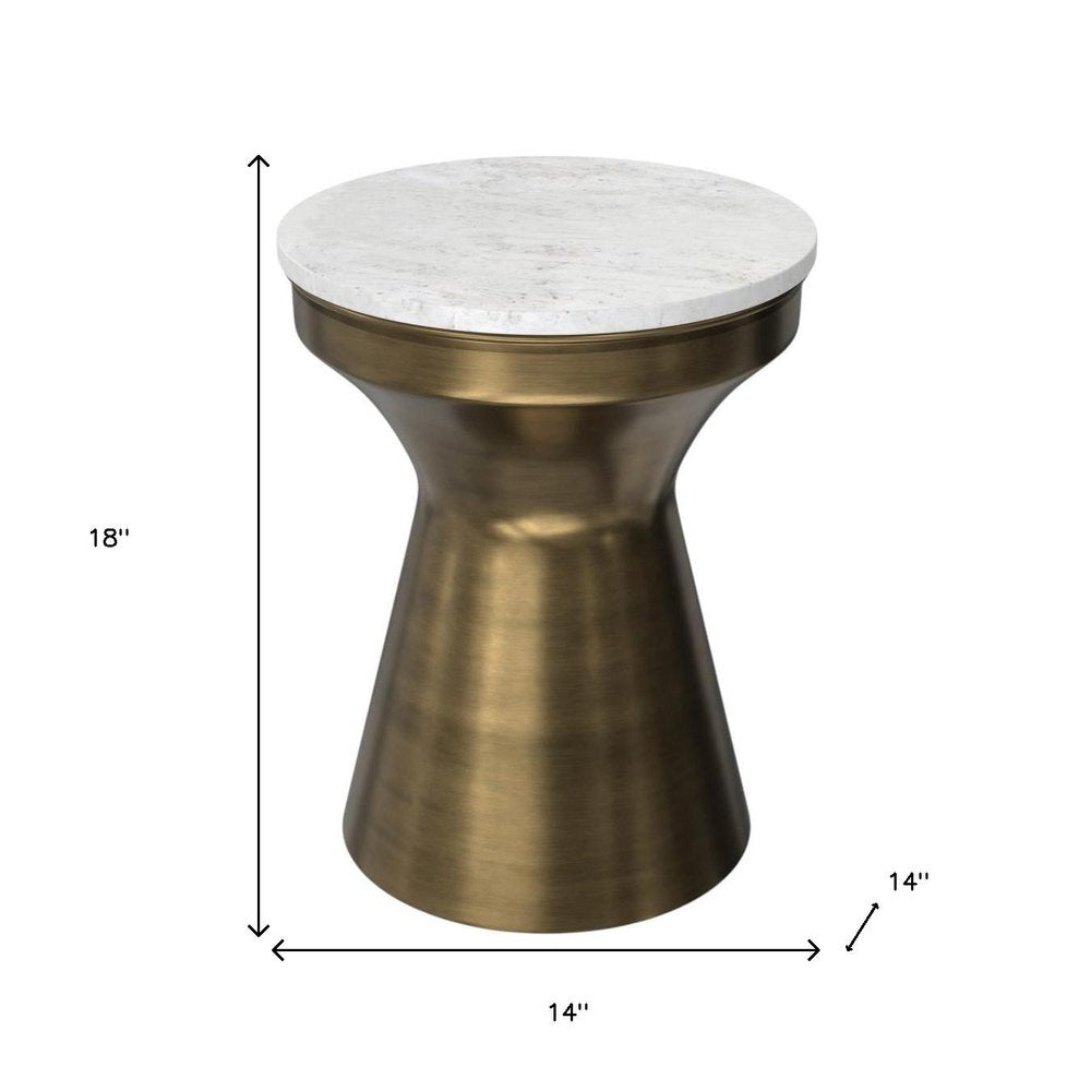 18" Antiqued Brass Marble and Iron Round Drum End Table HomeRoots