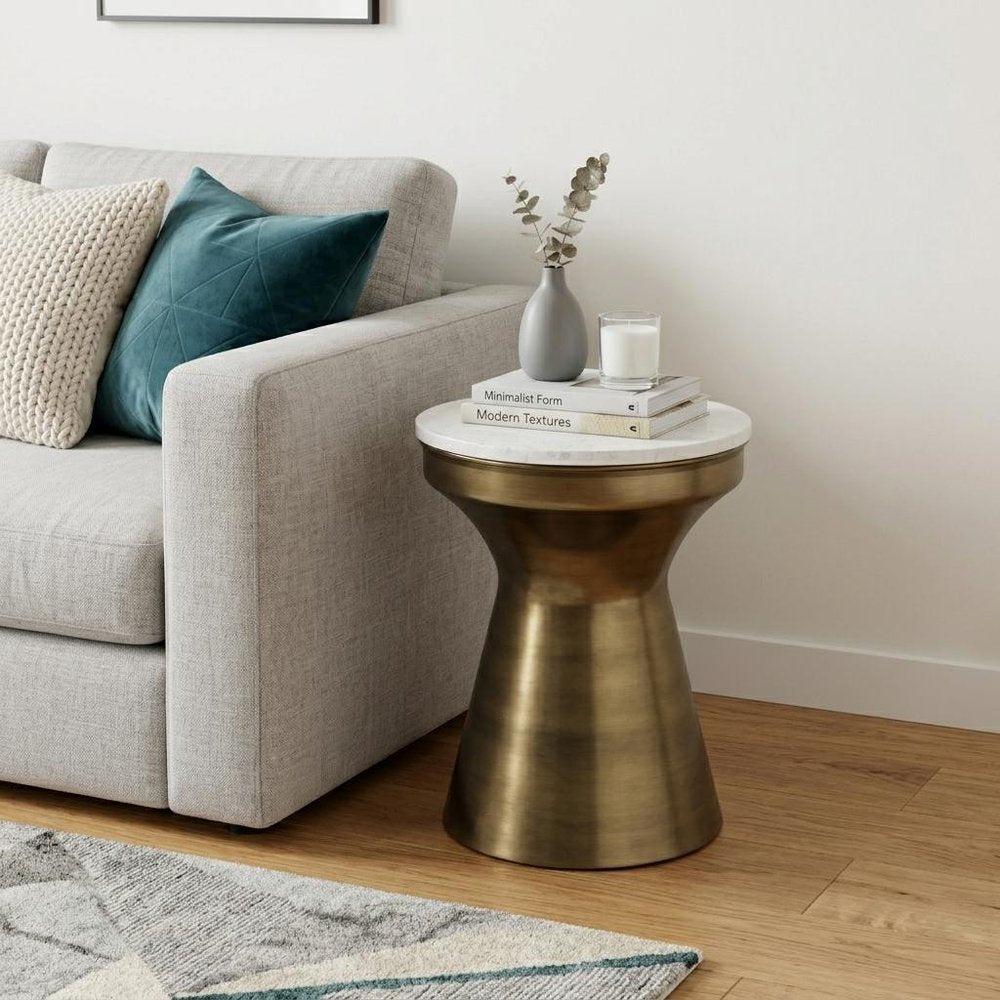 18" Antiqued Brass Marble and Iron Round Drum End Table HomeRoots