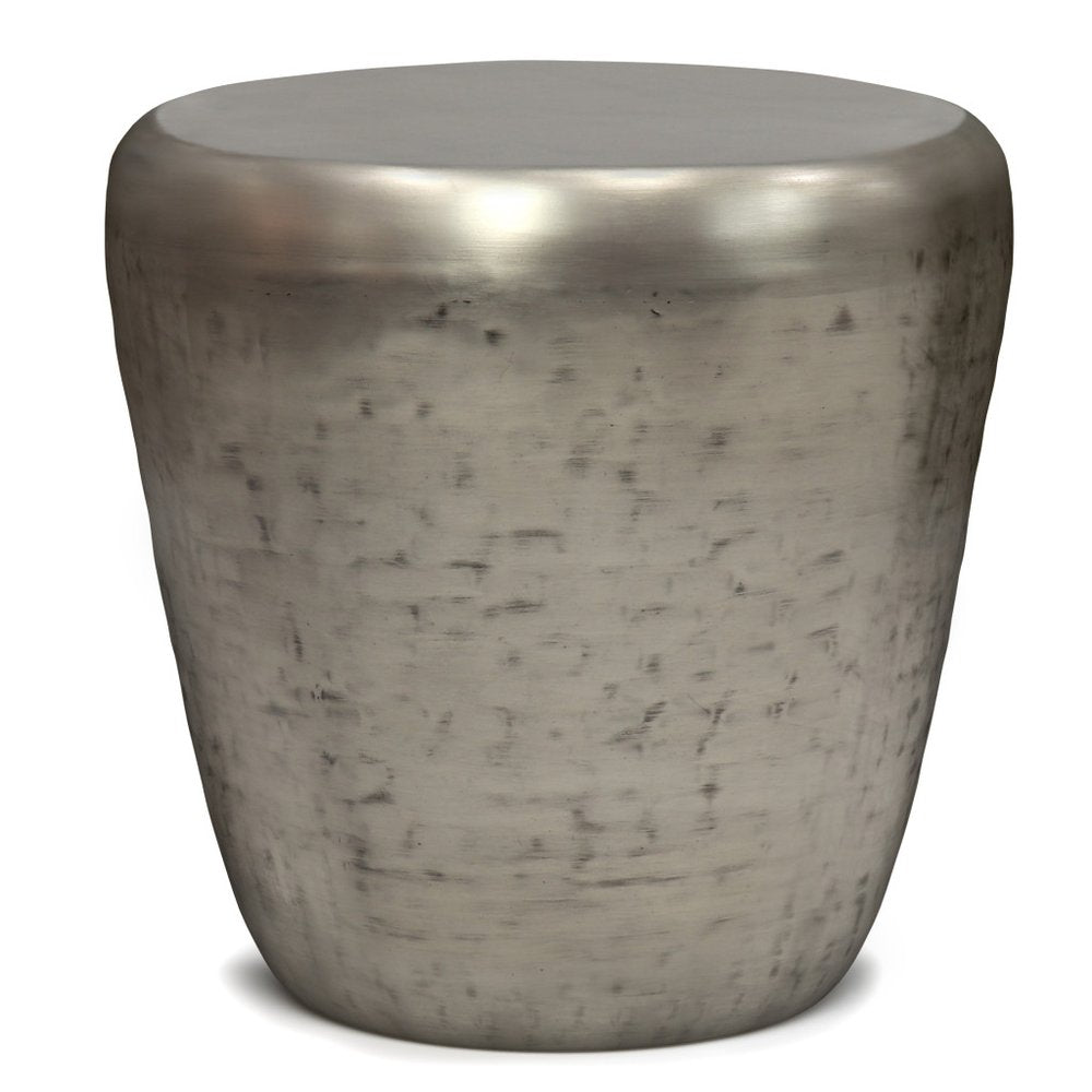 22" Silver Distressed Iron Round Drum End Table HomeRoots