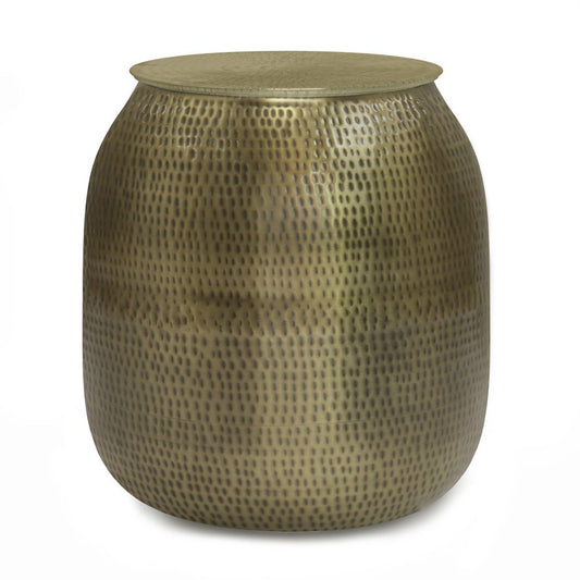 21" Antiqued Gold Distressed Iron Round Drum End Table And Trunk Storage