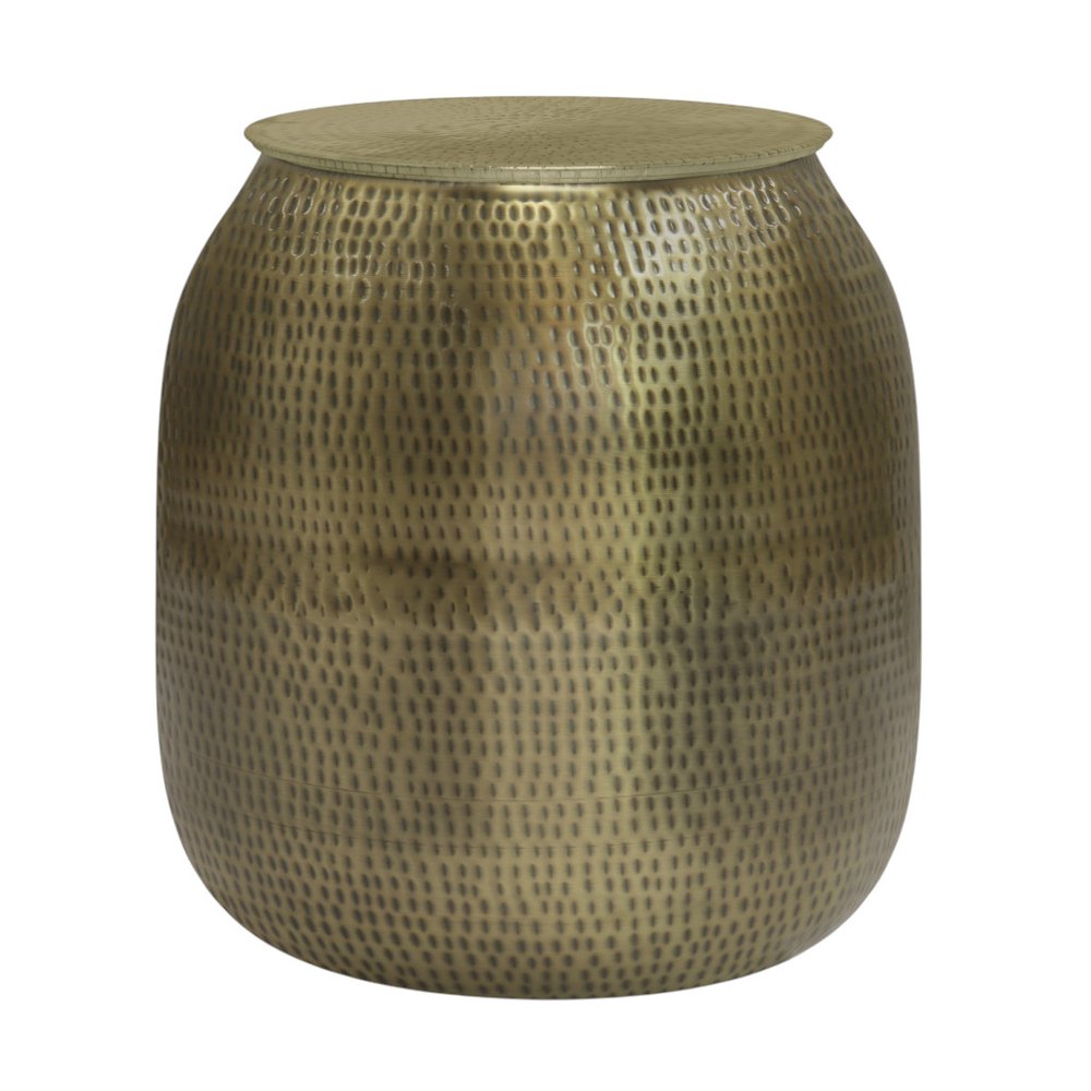 21" Antiqued Gold Distressed Iron Round Drum End Table And Trunk Storage — view 4