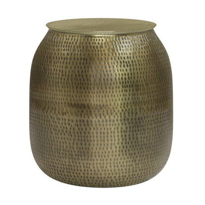 21" Antiqued Gold Distressed Iron Round Drum End Table And Trunk Storage