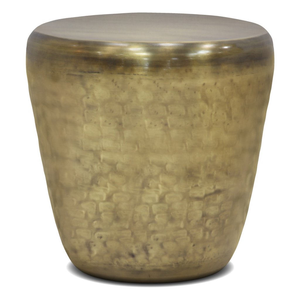 22" Antiqued Gold Distressed Iron Round Drum End Table HomeRoots