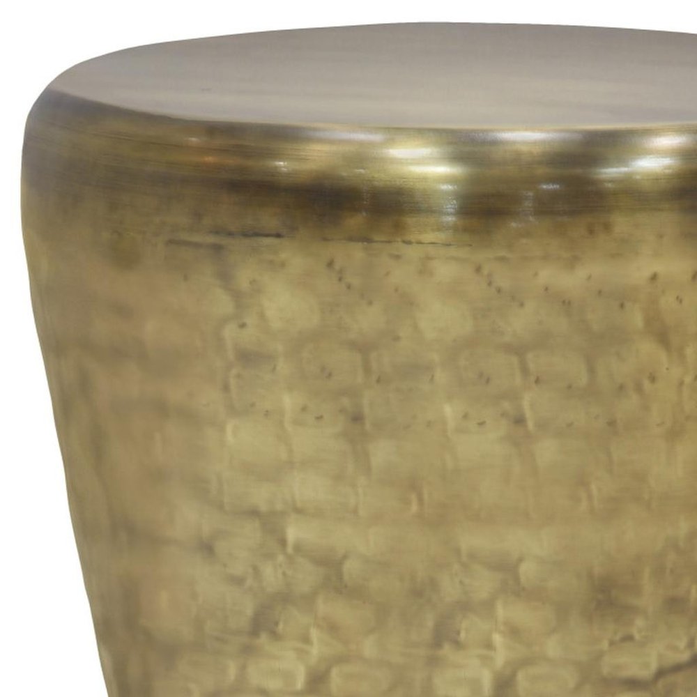 22" Antiqued Gold Distressed Iron Round Drum End Table HomeRoots
