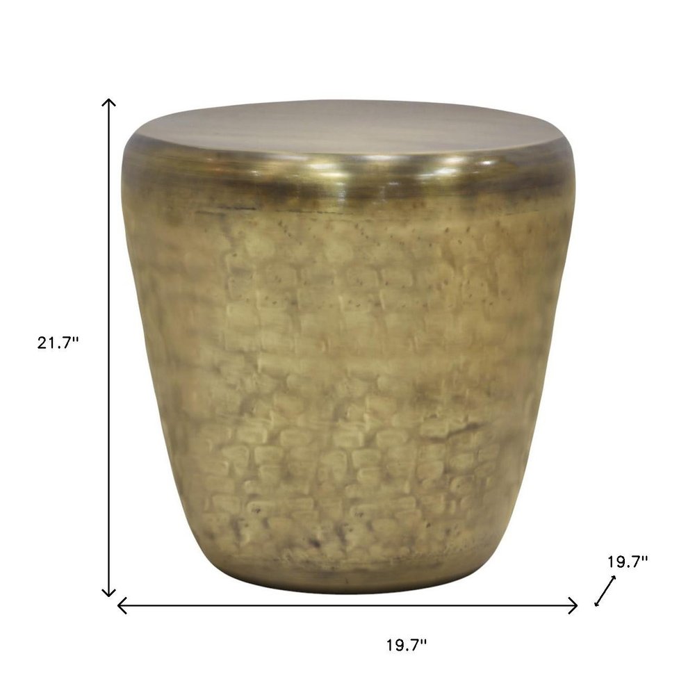 22" Antiqued Gold Distressed Iron Round Drum End Table HomeRoots
