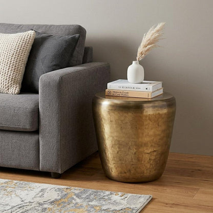 22" Antiqued Gold Distressed Iron Round Drum End Table HomeRoots
