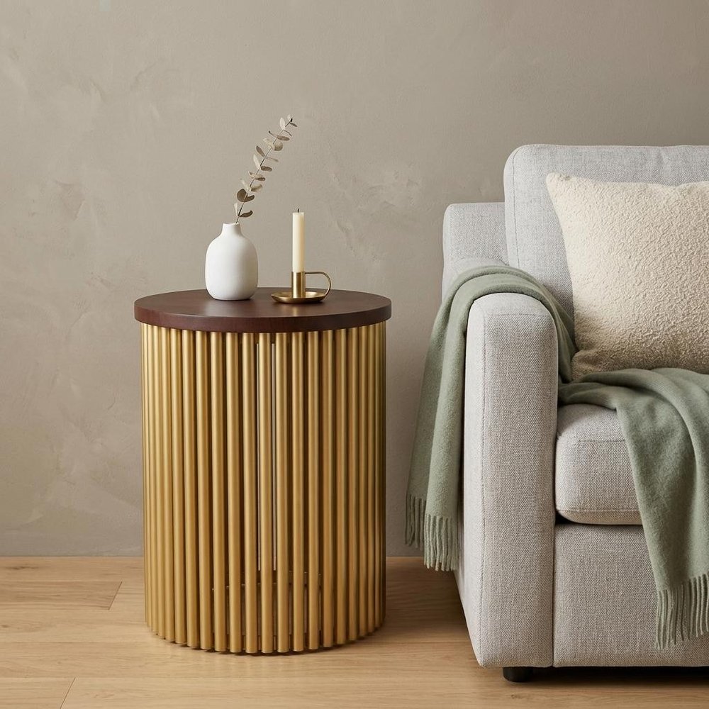 21" Dark Brown and Gold Solid Wood and Iron Round Frame End Table HomeRoots
