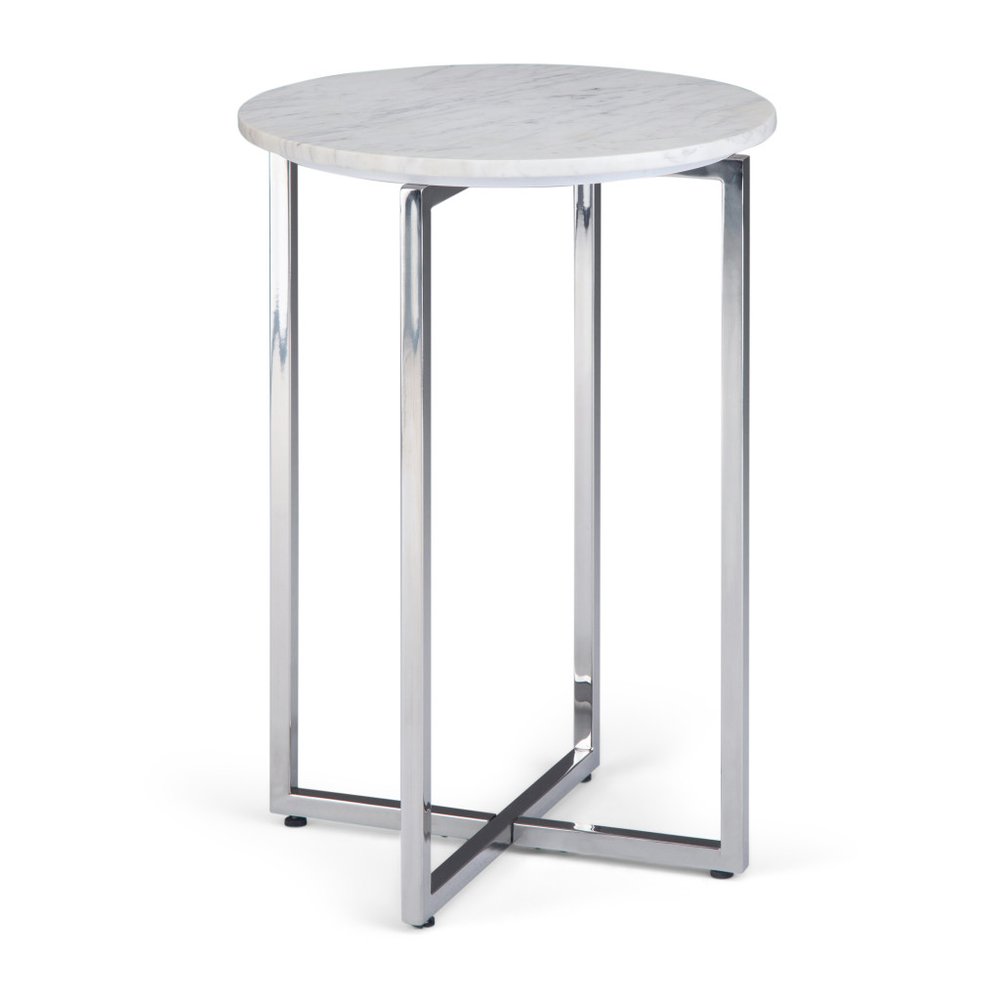 24" Glossy White and Silver Marble and Stainless Steel Round Cross Legs End Table And Trunk Storage HomeRoots