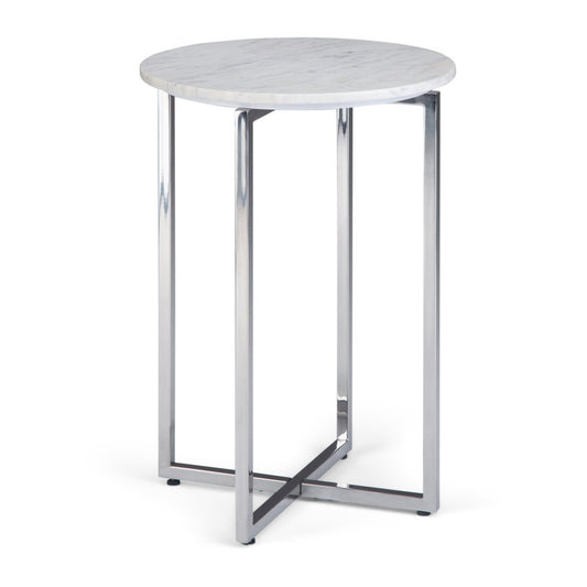 24" Glossy White and Silver Marble and Stainless Steel Round Cross Legs End Table And Trunk Storage