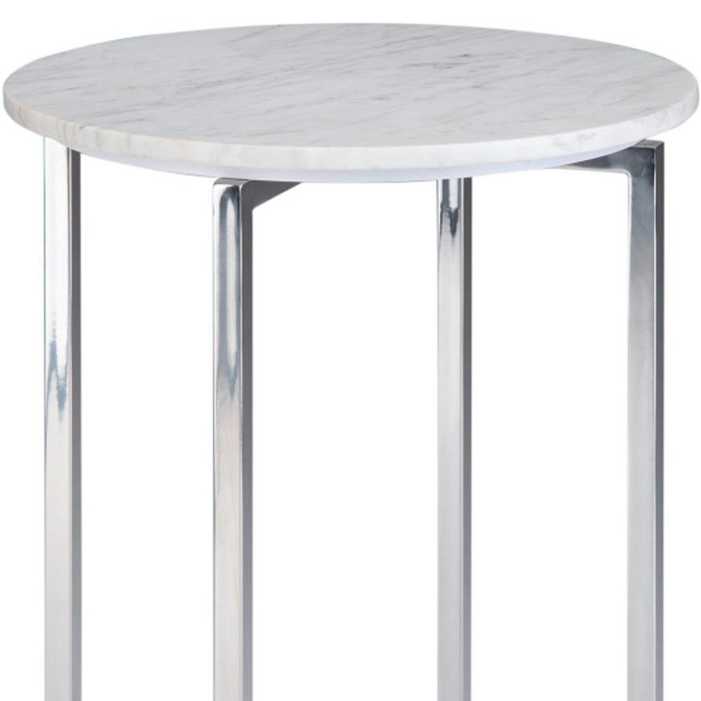 24" Glossy White and Silver Marble and Stainless Steel Round Cross Legs End Table And Trunk Storage HomeRoots