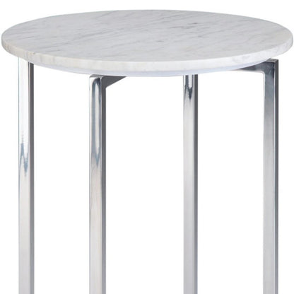 24" Glossy White and Silver Marble and Stainless Steel Round Cross Legs End Table And Trunk Storage HomeRoots