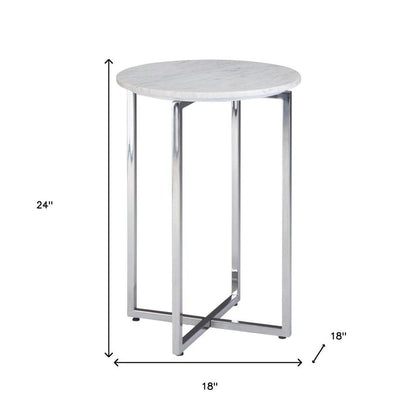 24" Glossy White and Silver Marble and Stainless Steel Round Cross Legs End Table And Trunk Storage HomeRoots