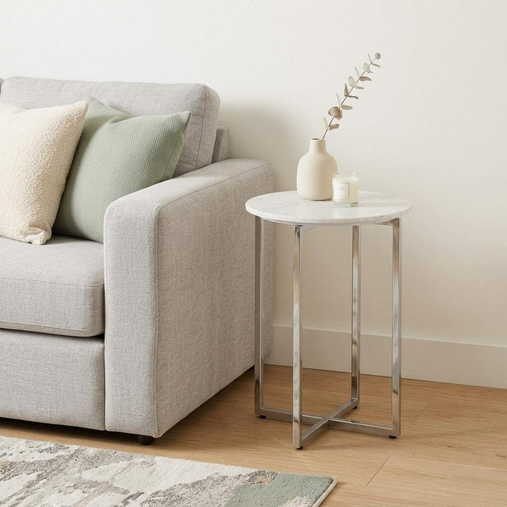 24" Glossy White and Silver Marble and Stainless Steel Round Cross Legs End Table And Trunk Storage HomeRoots