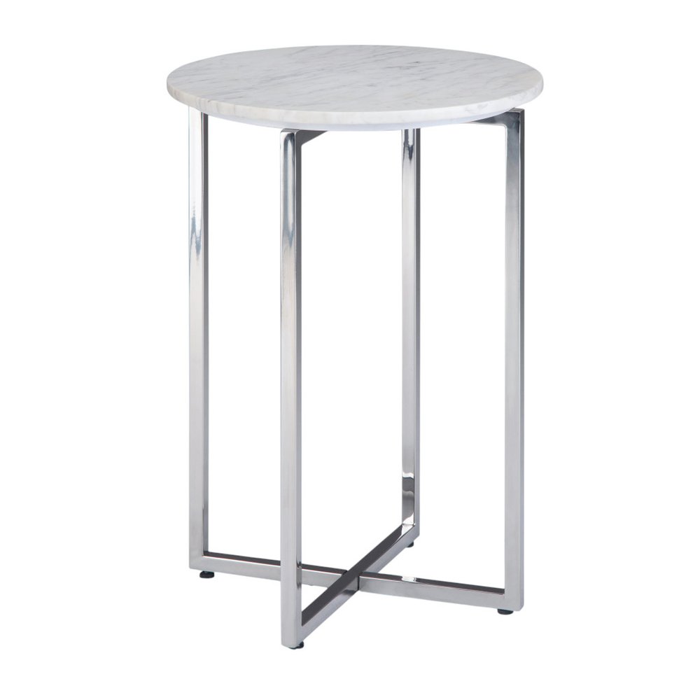 24" Glossy White and Silver Marble and Stainless Steel Round Cross Legs End Table And Trunk Storage HomeRoots