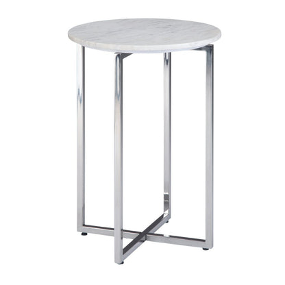 24" Glossy White and Silver Marble and Stainless Steel Round Cross Legs End Table And Trunk Storage HomeRoots