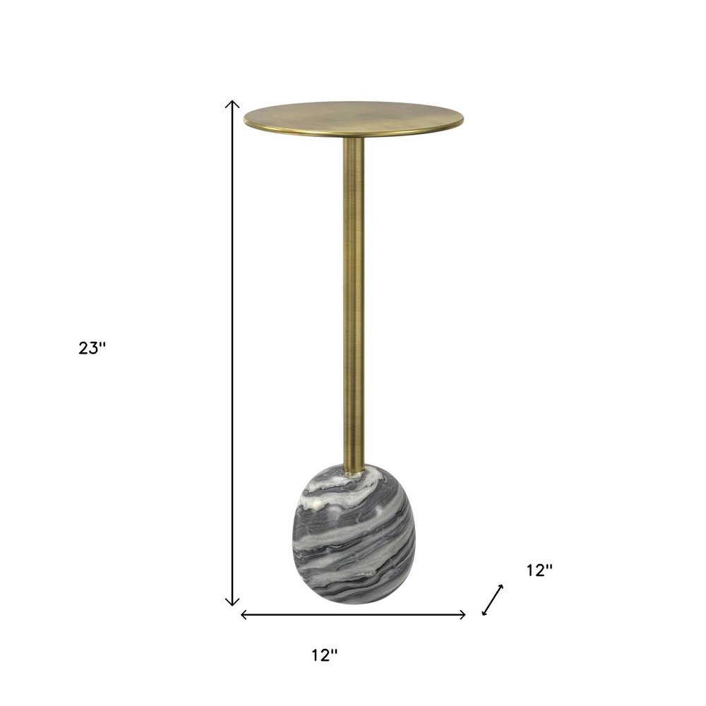23" Gold Gray and White Iron and Marble Round Pedestal End Table HomeRoots