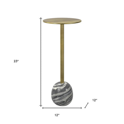 23" Gold Gray and White Iron and Marble Round Pedestal End Table HomeRoots