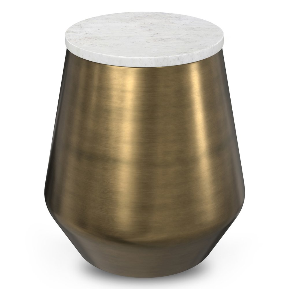 18" White and Antiqued Brass Marble and Iron Round Drum End Table HomeRoots