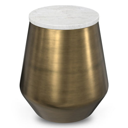 18" White and Antiqued Brass Marble and Iron Round Drum End Table HomeRoots