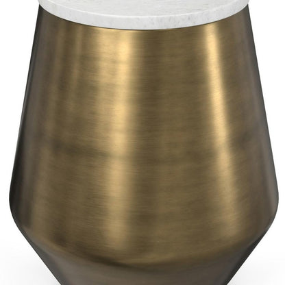 18" White and Antiqued Brass Marble and Iron Round Drum End Table HomeRoots