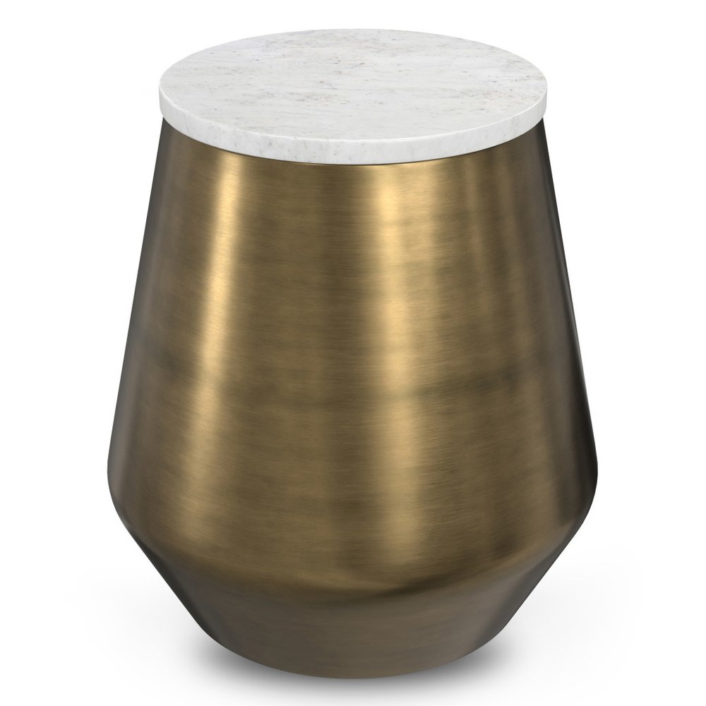 18" White and Antiqued Brass Marble and Iron Round Drum End Table HomeRoots