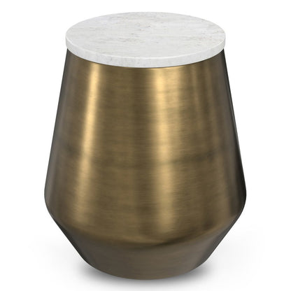 18" White and Antiqued Brass Marble and Iron Round Drum End Table HomeRoots