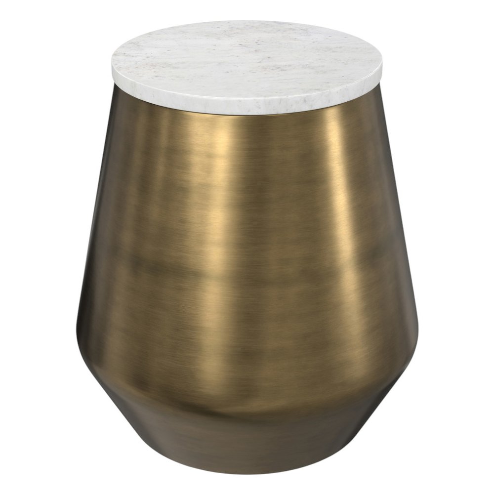 18" White and Antiqued Brass Marble and Iron Round Drum End Table HomeRoots