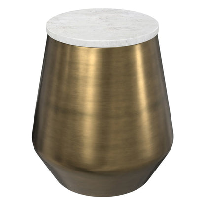 18" White and Antiqued Brass Marble and Iron Round Drum End Table HomeRoots